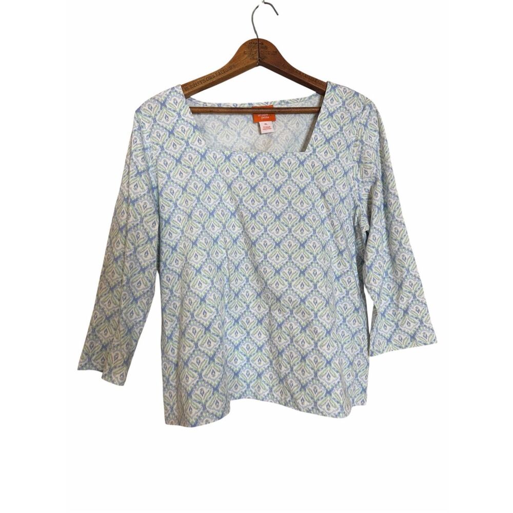 Hearts Of Palm NWOT Square Neck Geometric 3/4 Sleeve Blouse Blue Petite Large - Picture 2 of 7